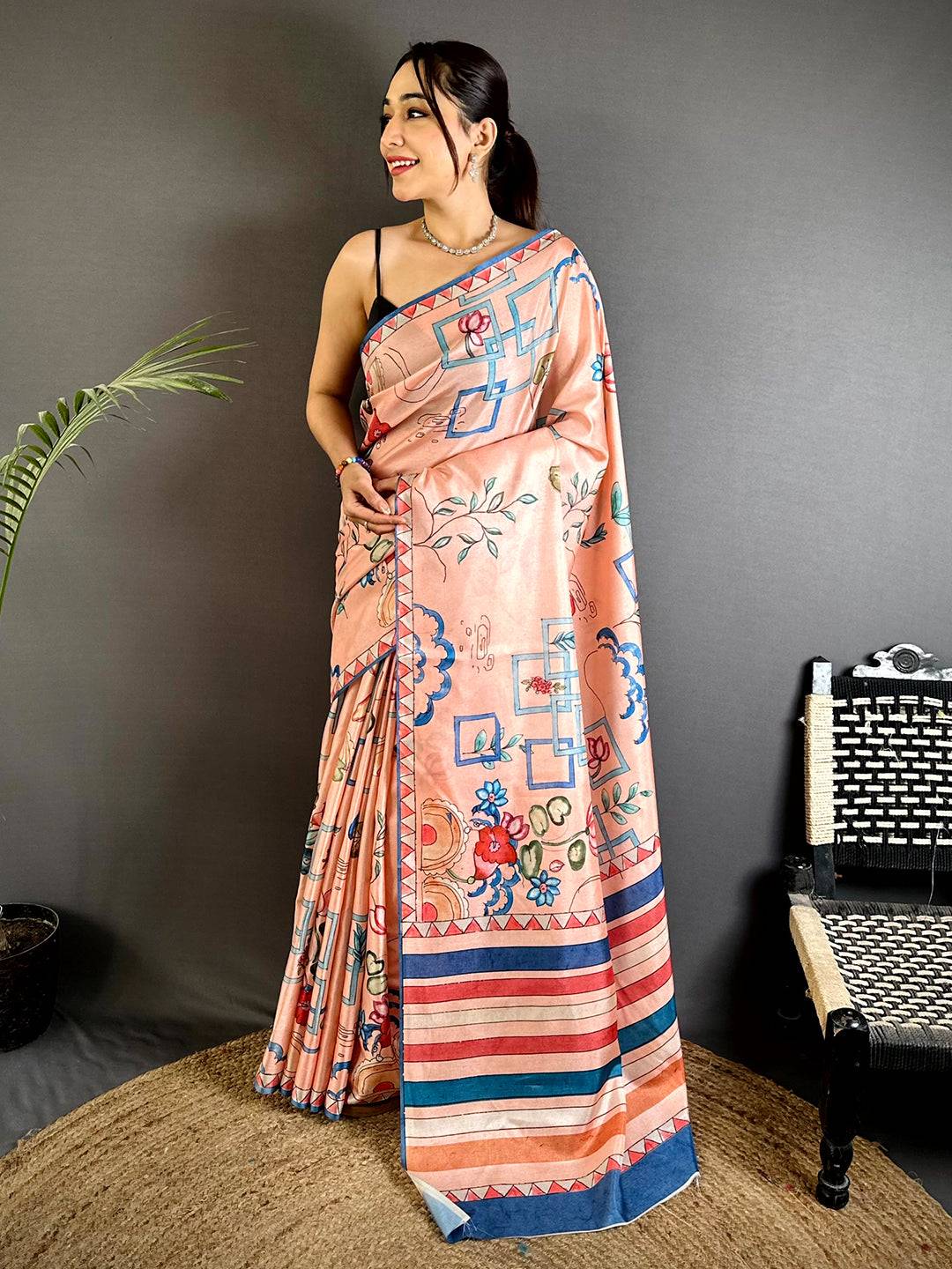 Peach Semi Tussar Striped Pallu Saree