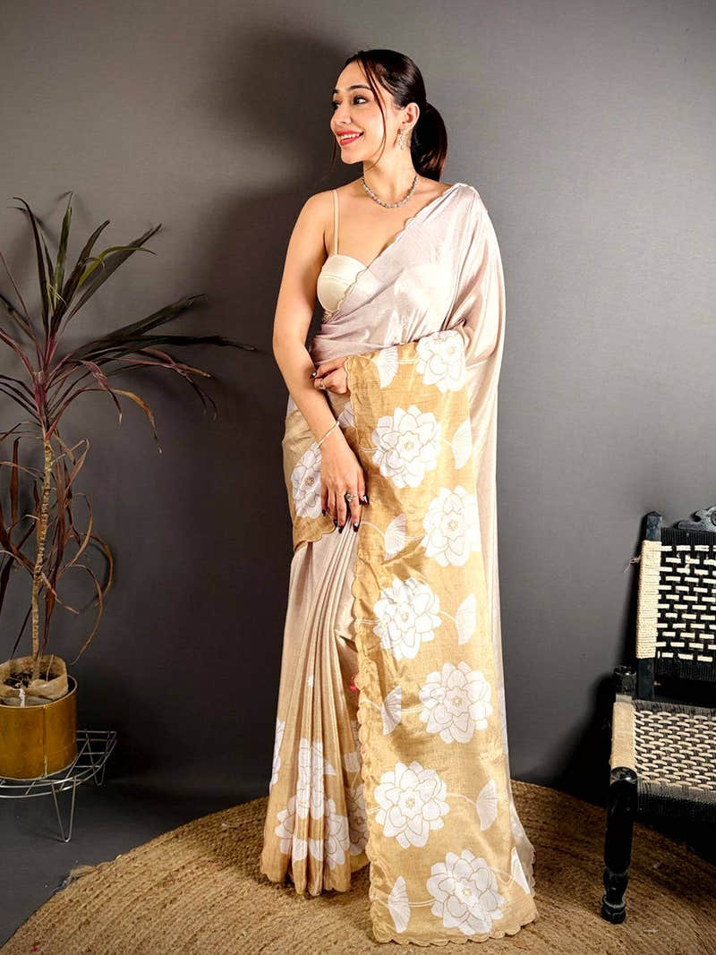 Radiant Floral Print Embroidered Chinnon Saree