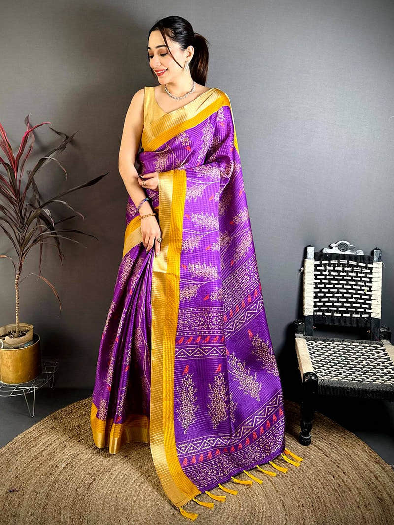 Purple Tussar Zari Chex Bird Motif Saree