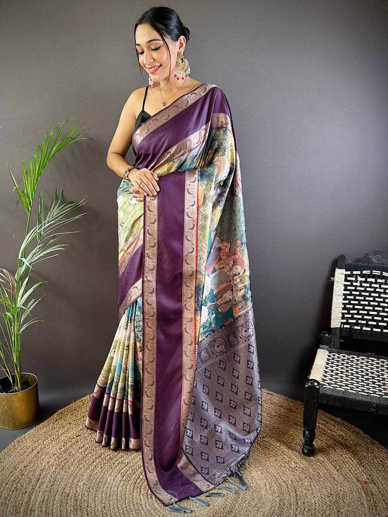 Purple Soft Silk Mughal Print Saree with Rettapat Border