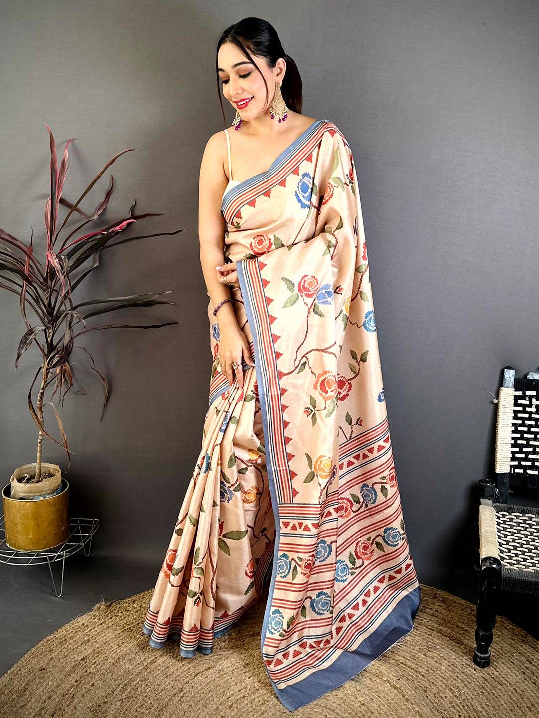 Classic 3D Embroidered Print Tussar Saree