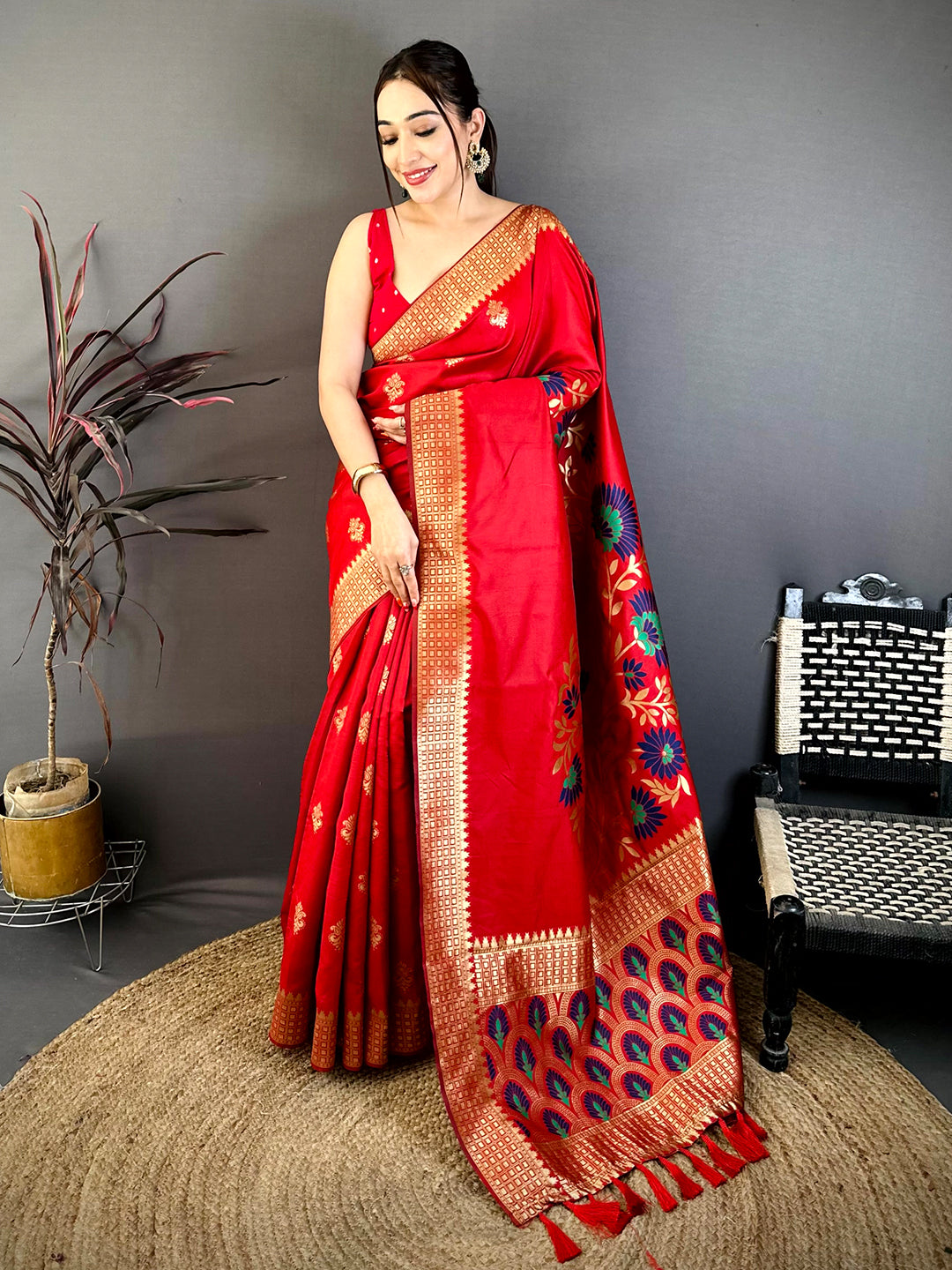 Red Banarasi Katan Silk Minakari Saree