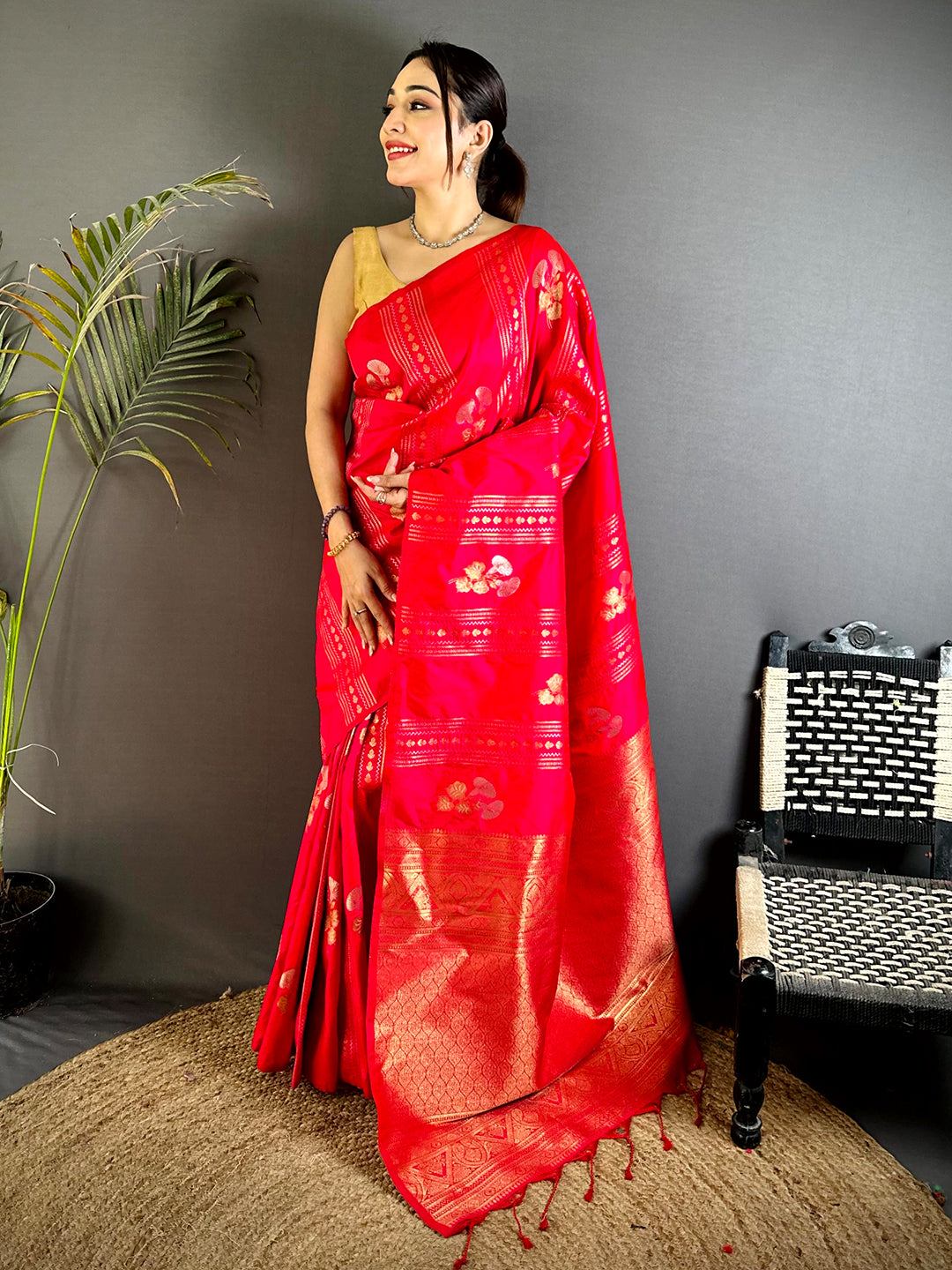 Red Sona Chandi Striped Silk Saree