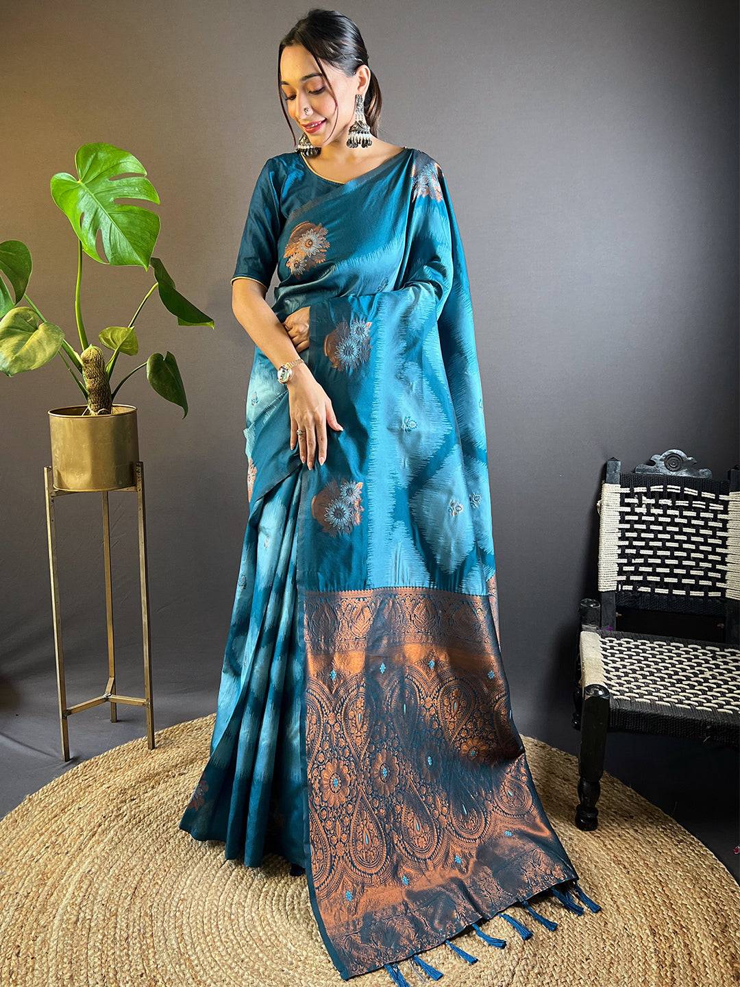Full view of blue Tussar silk Ikkat weaving saree with intricate border