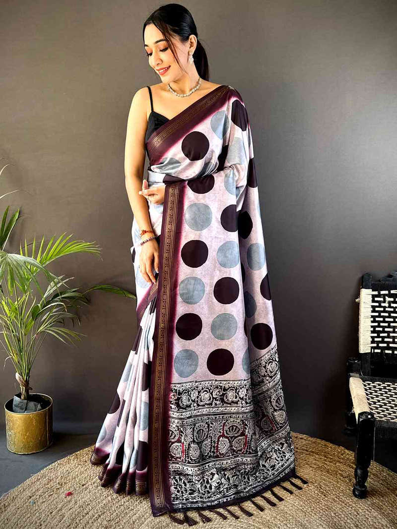 Lavender Soft Silk Polka Dot Print Saree