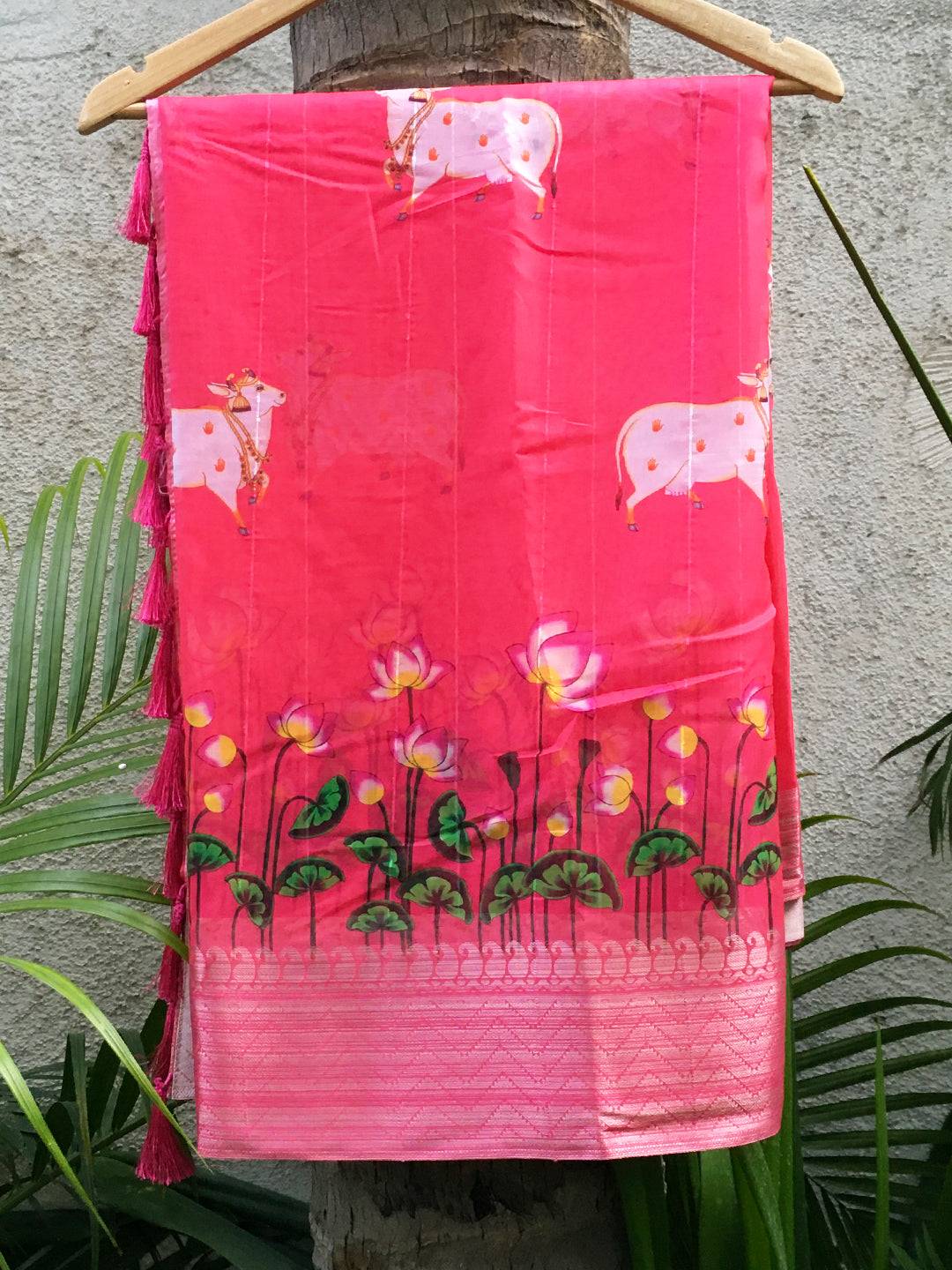 Hot Pink Organza Pichwai Print Saree with floral design