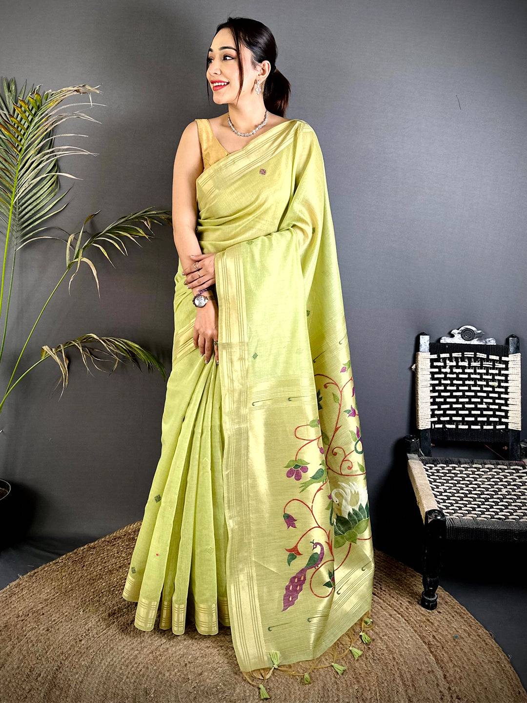 Lime Green Swan Minakari Linen Saree
