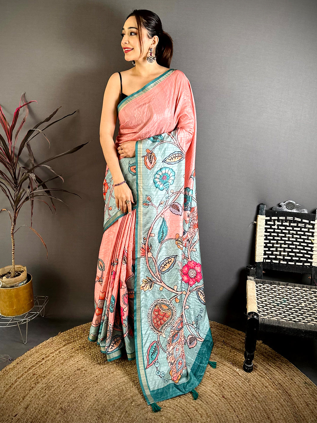 Radiant Tussar Ghicha Kalamkari Saree