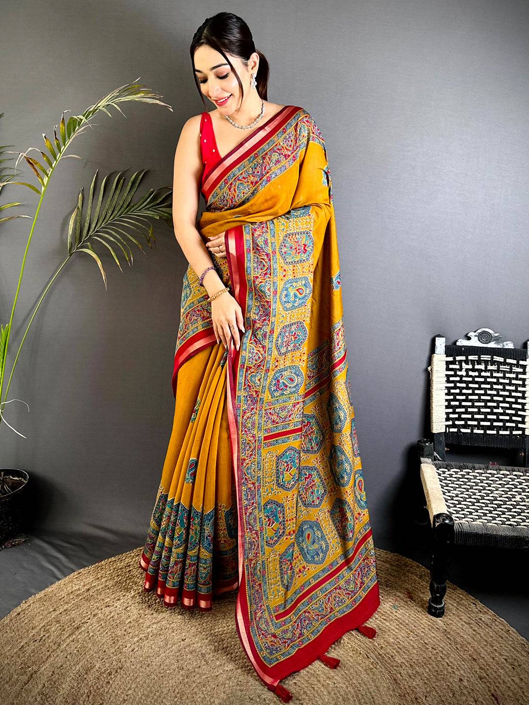 Yellow Kalamkari Pashmina Cotton Saree