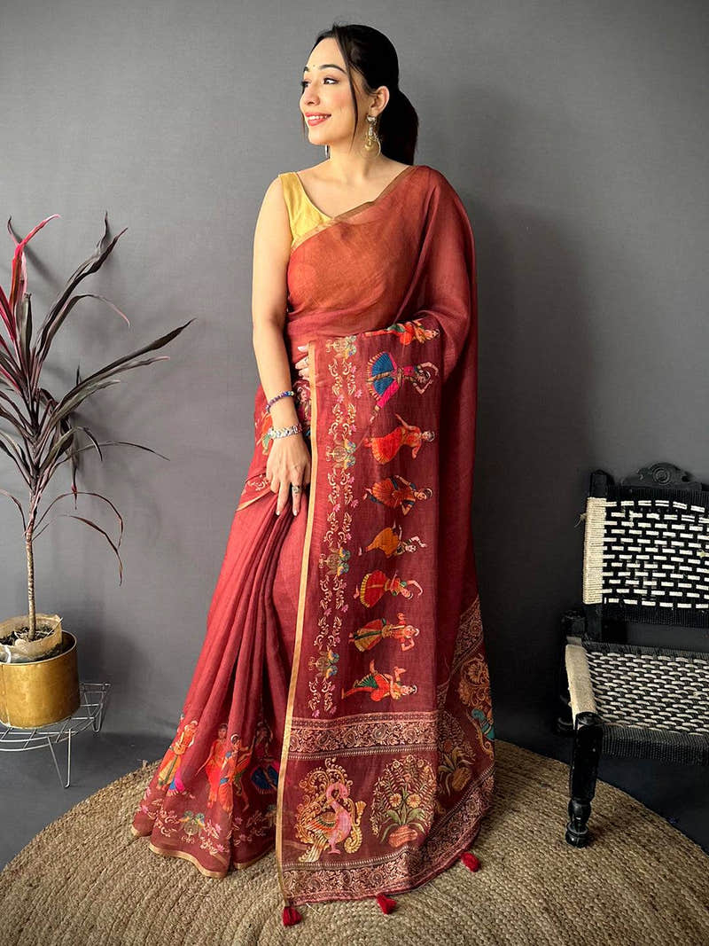Maroon Bharatanatyam Art Linen Saree