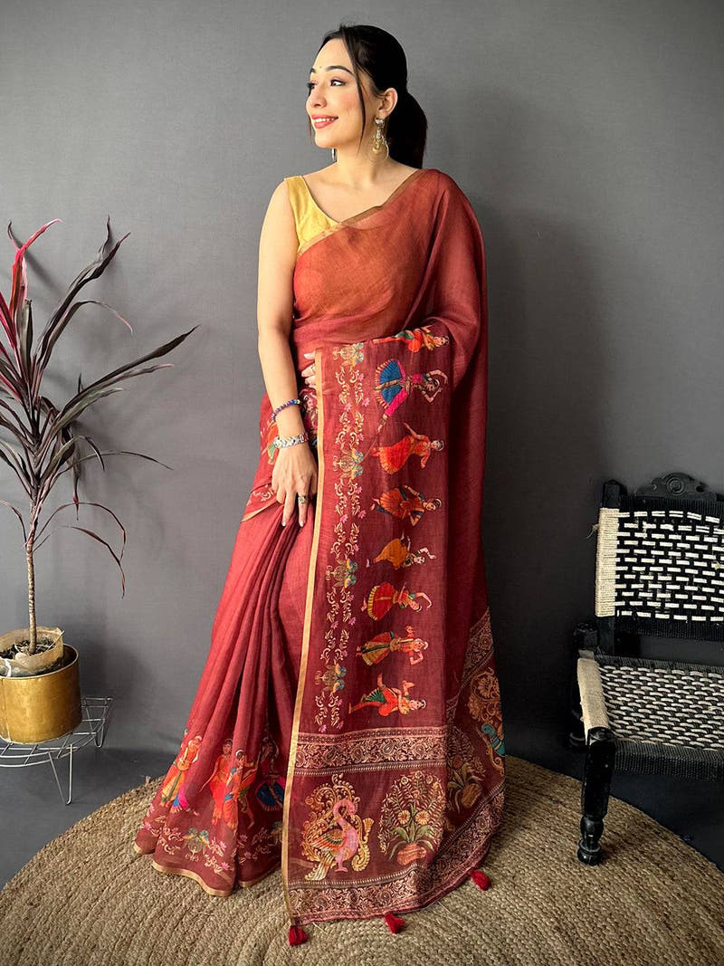 Maroon Bharatanatyam Art Linen Saree