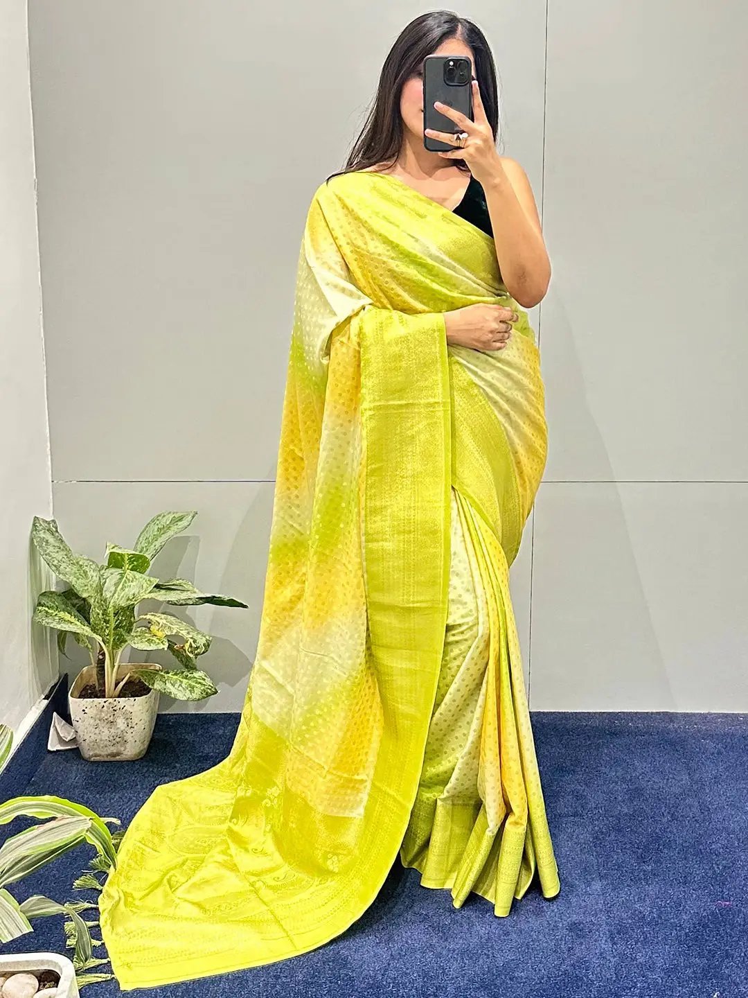 Model wearing Soft Silk Banarasi Ombre Saree indoors
