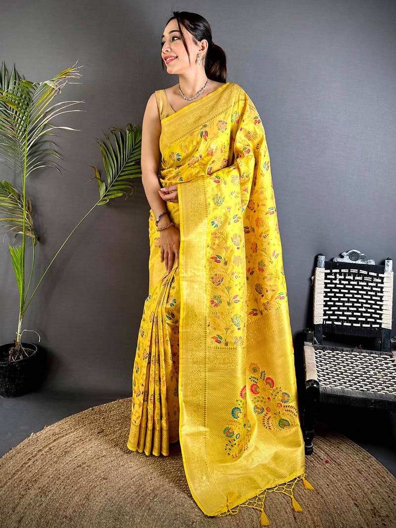 Yellow Banarasi Minakari Floral Silk Saree