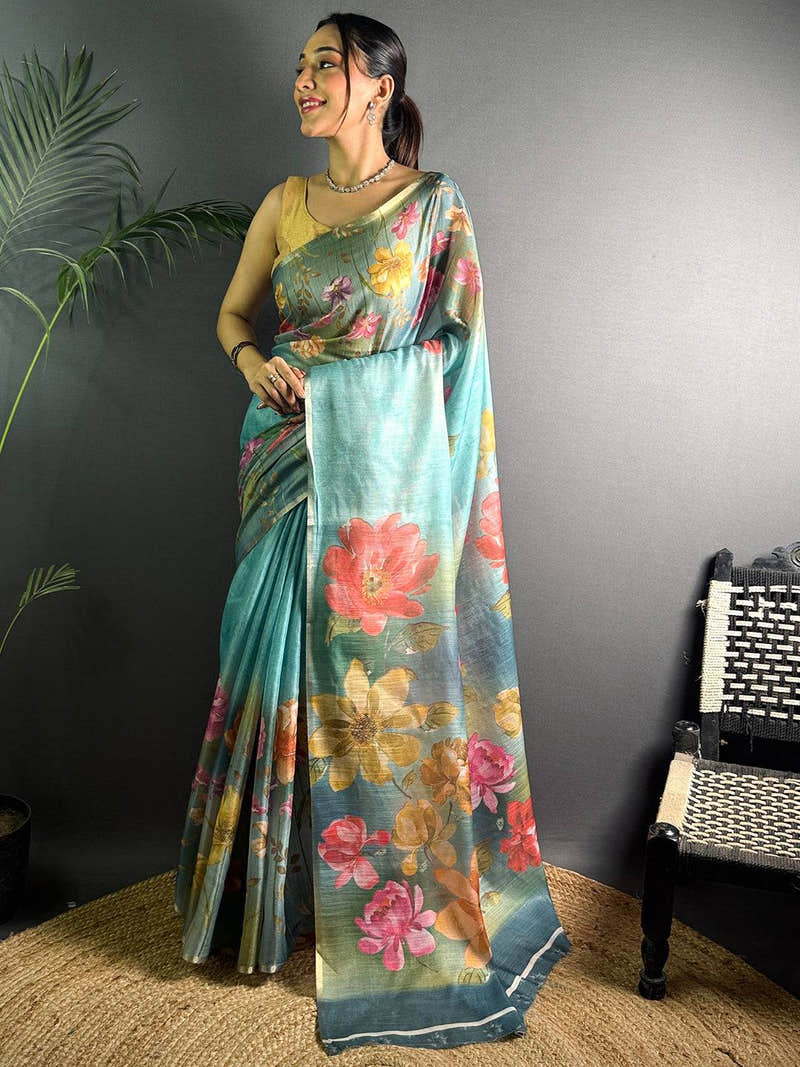 Teal Blue Linen Jute Digital Print Saree