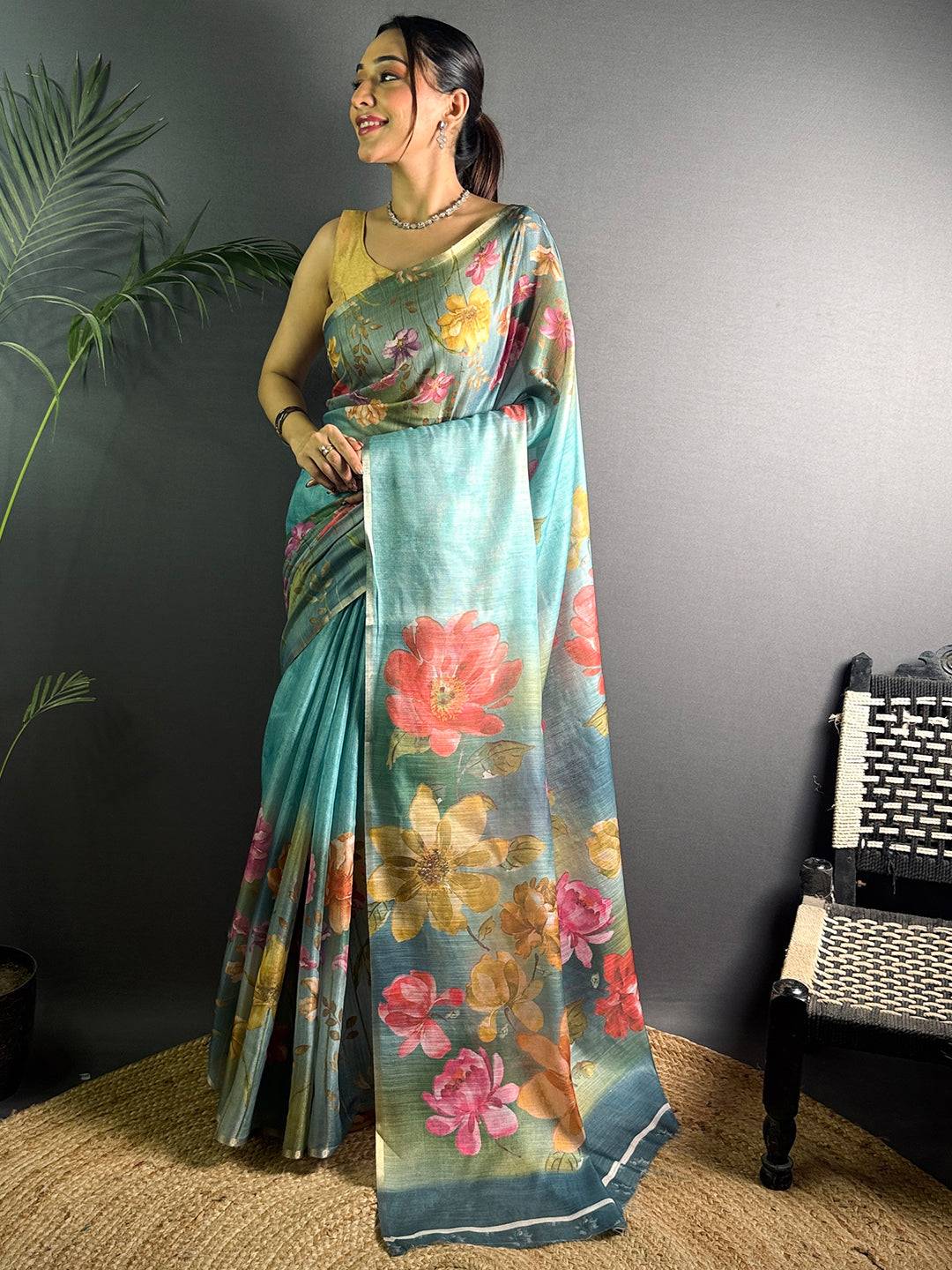 Teal Blue Linen Juth Digital Print Saree