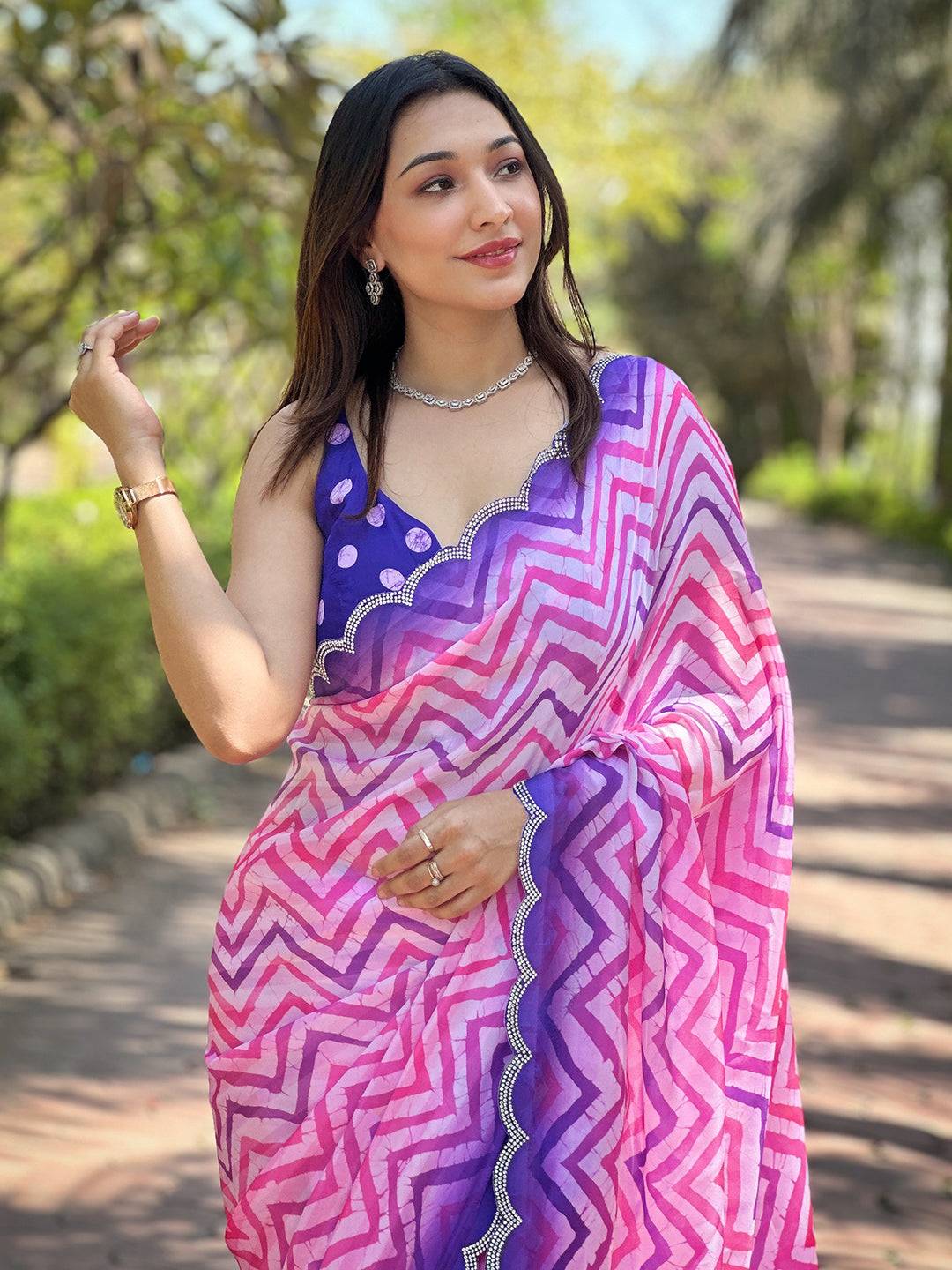 Pink and purple leheriya saree with striped print