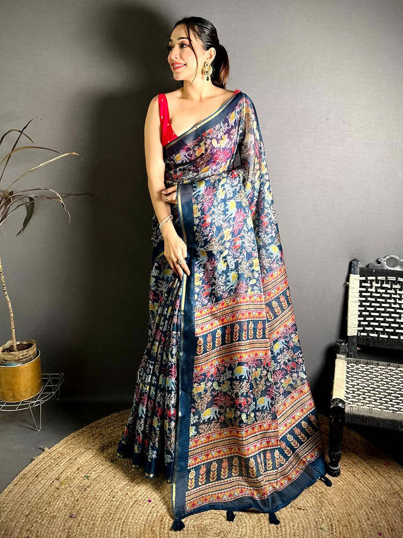 Navy Kota Doriya Kalamkari Print Saree