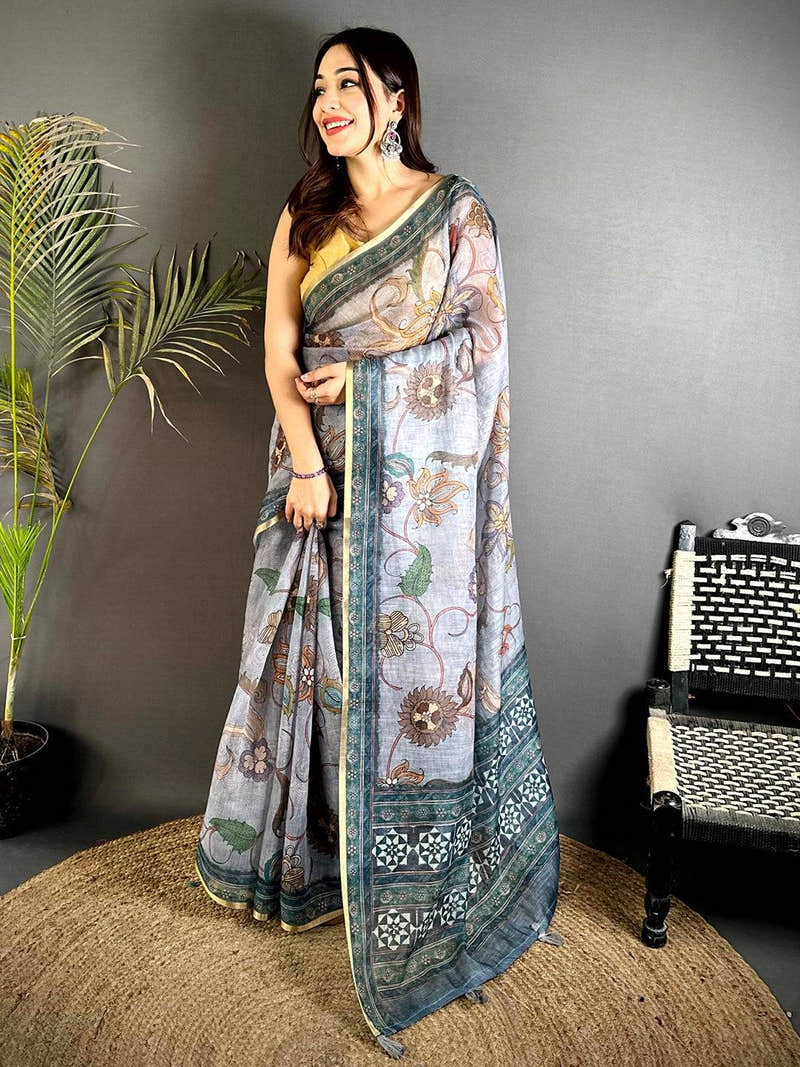 Ethereal Linen Tissue Ajrakh Zari Saree