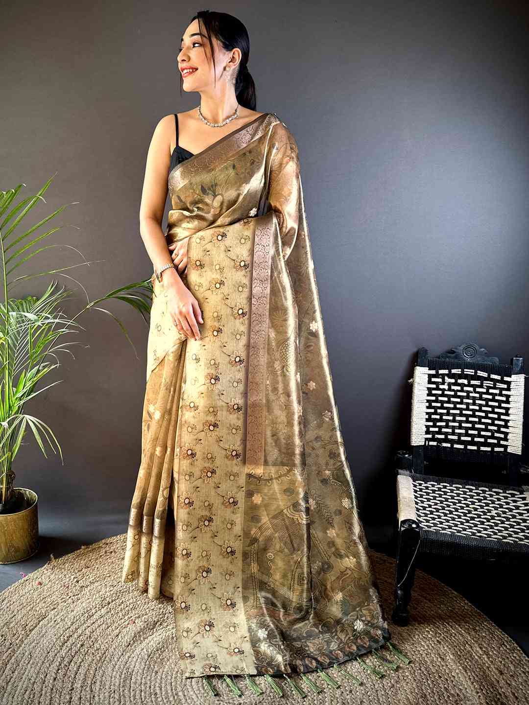 Light Pista Floral Satin Bentex Border Saree