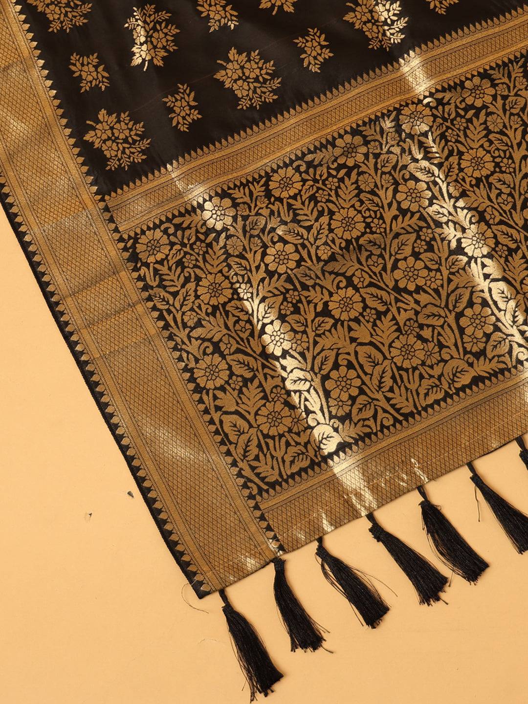 Close-up of woven design on black silk blend dupatta.