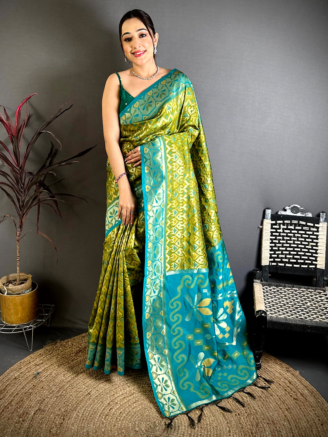 Classic Green Ikkat Soft Silk Saree With Maggam Blouse