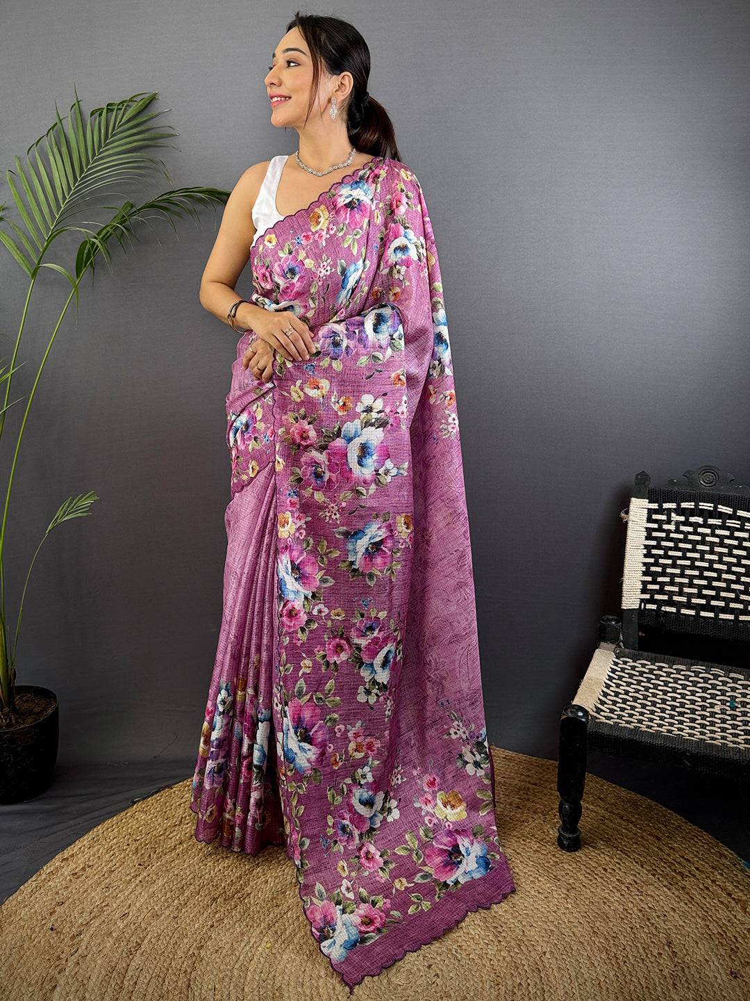 Dusty Rose Floral Cut Work Kota Saree