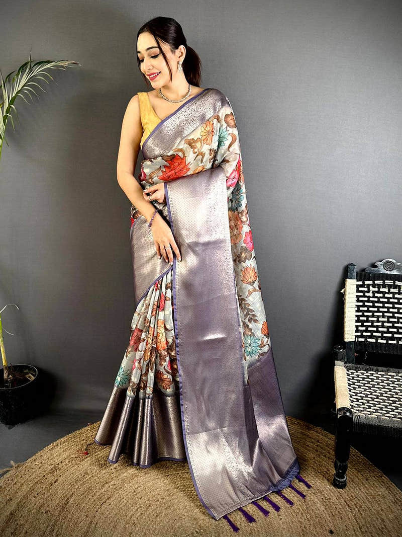 Grey Kota Doriya Kalamkari Print Saree with Woven Border