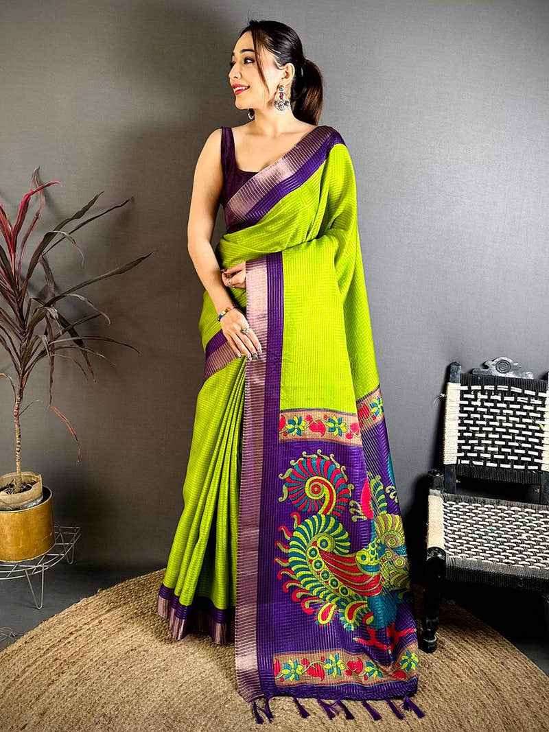 Parrot Green Tussar Zari Chex Kalamkari Saree