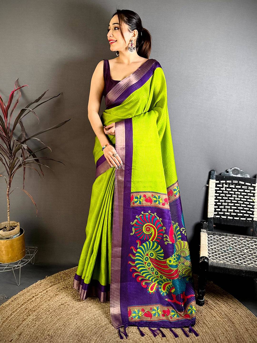 Parrot Green Tussar Zari Chex Kalamkari Saree