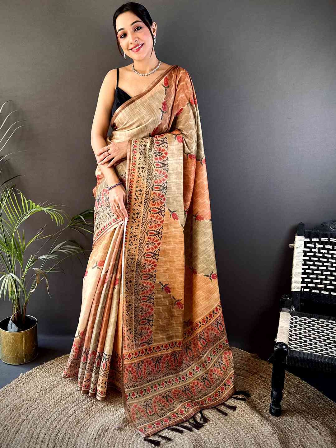 Beige Tissue Chanderi Geometric Floral Saree
