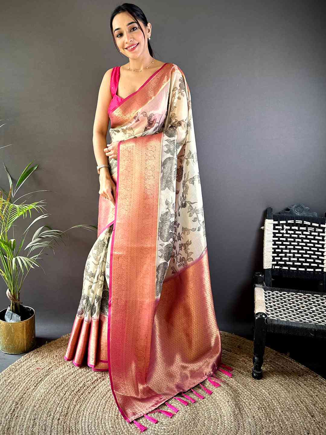 Black Kalamkari Gold Zari Tissue Saree