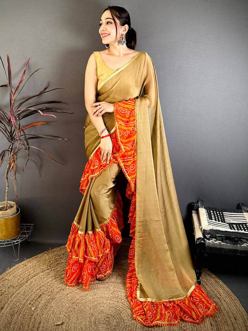 Stylish Soft Chiffon Bandhej Ruffle Saree