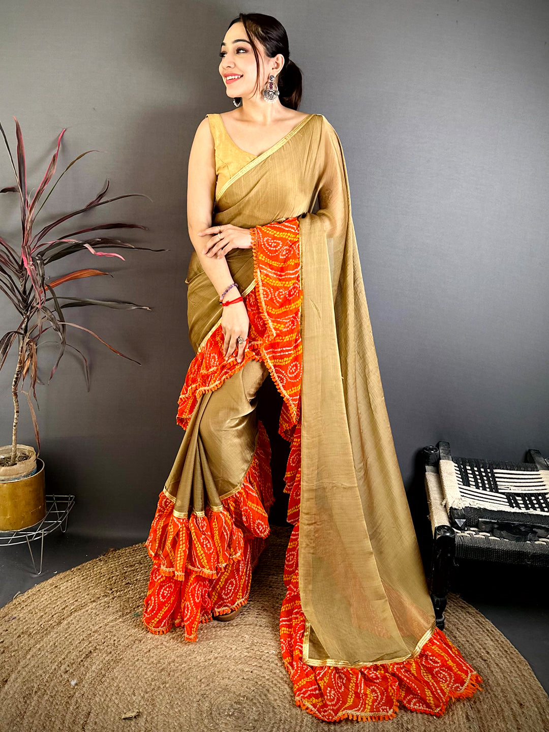 Stylish Soft Chiffon Bandhej Ruffle Saree