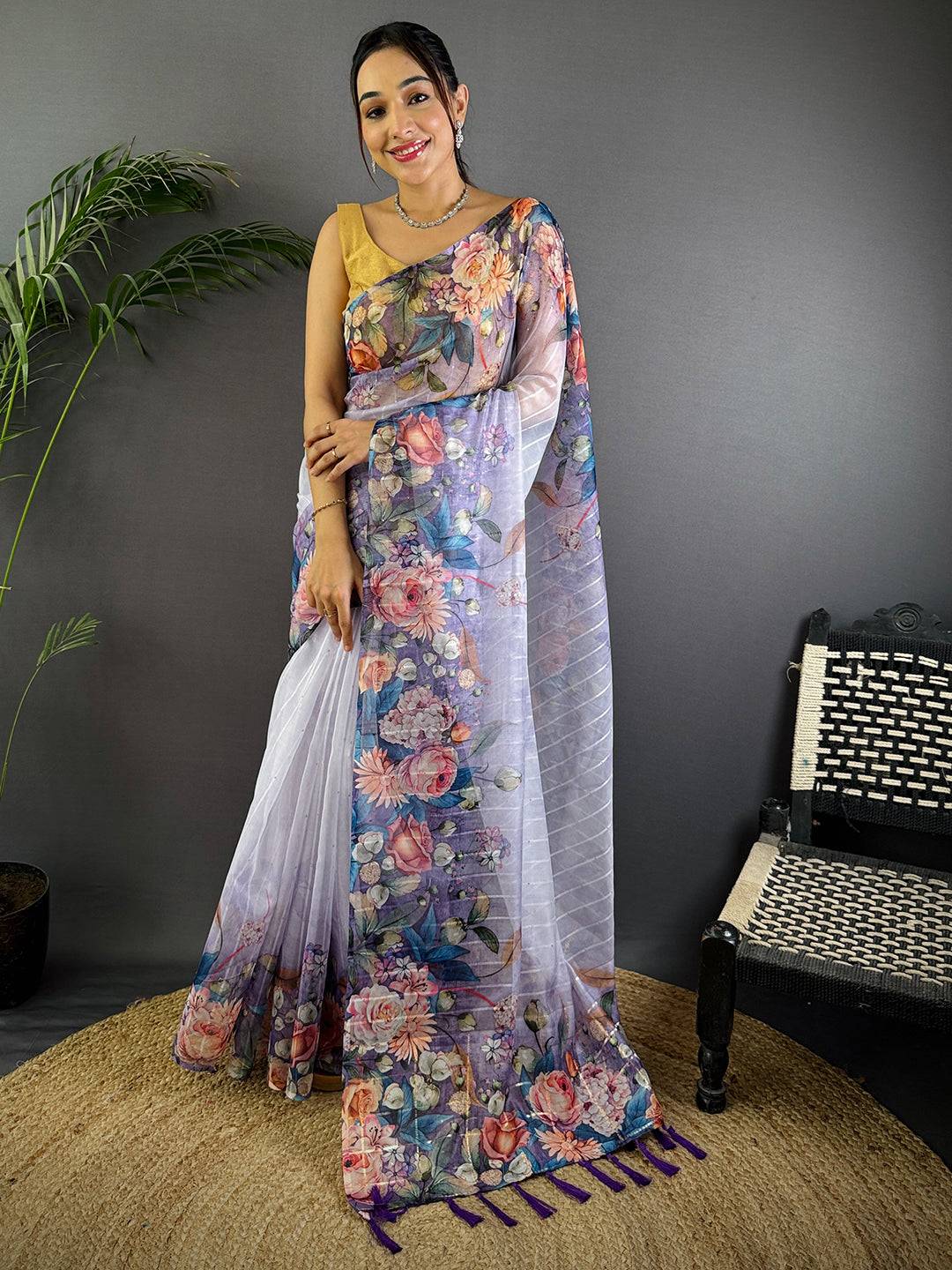 Light Purple Soft Organza Digital Floral Saree