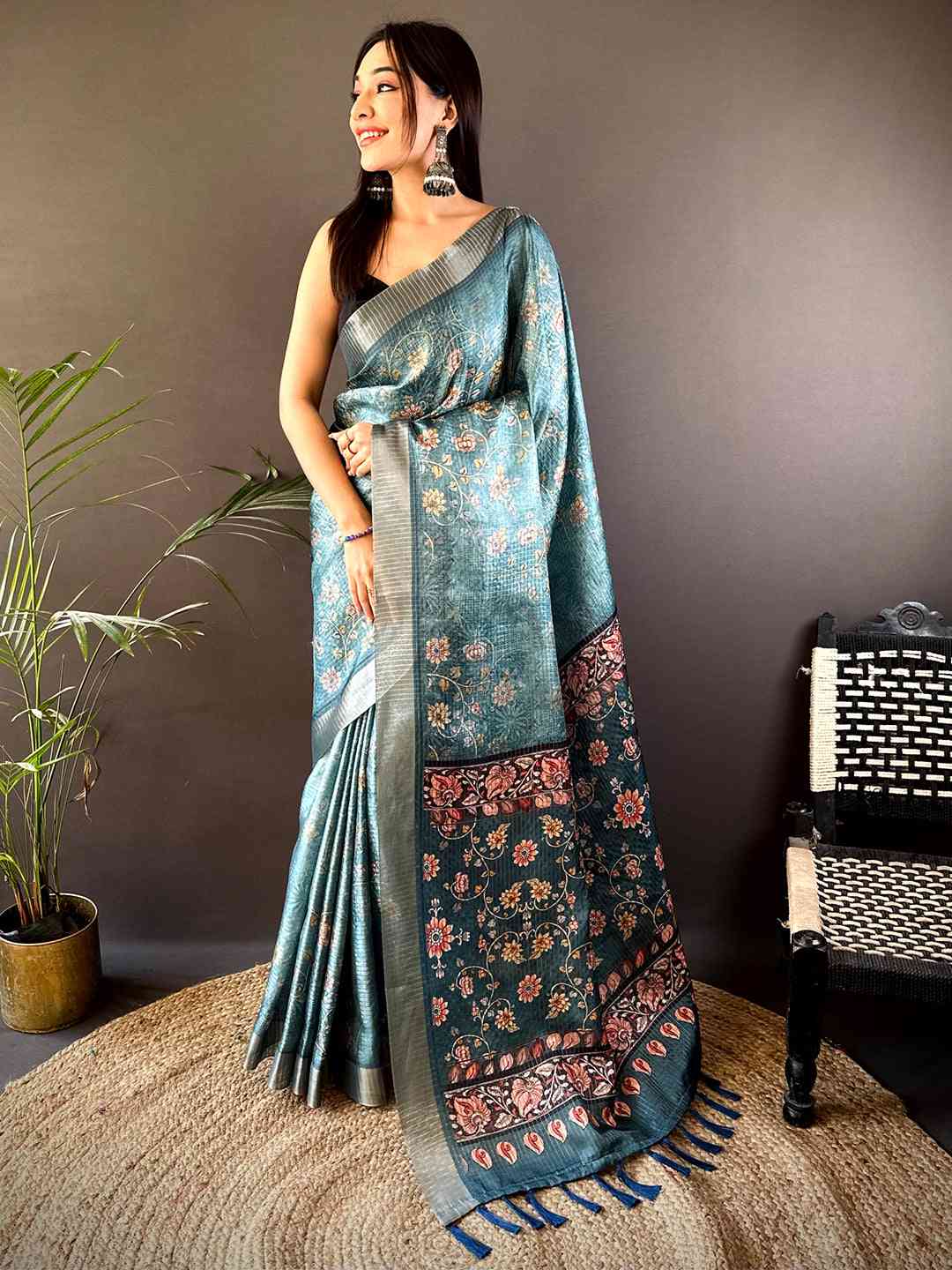 Teal Blue Gold Zari Chanderi Phulkari Floral Saree