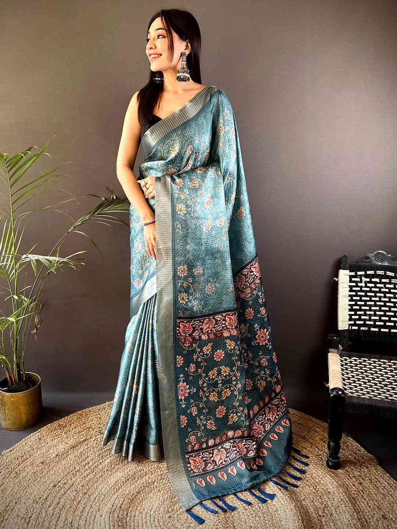 Teal Blue Gold Zari Chanderi Phulkari Floral Saree