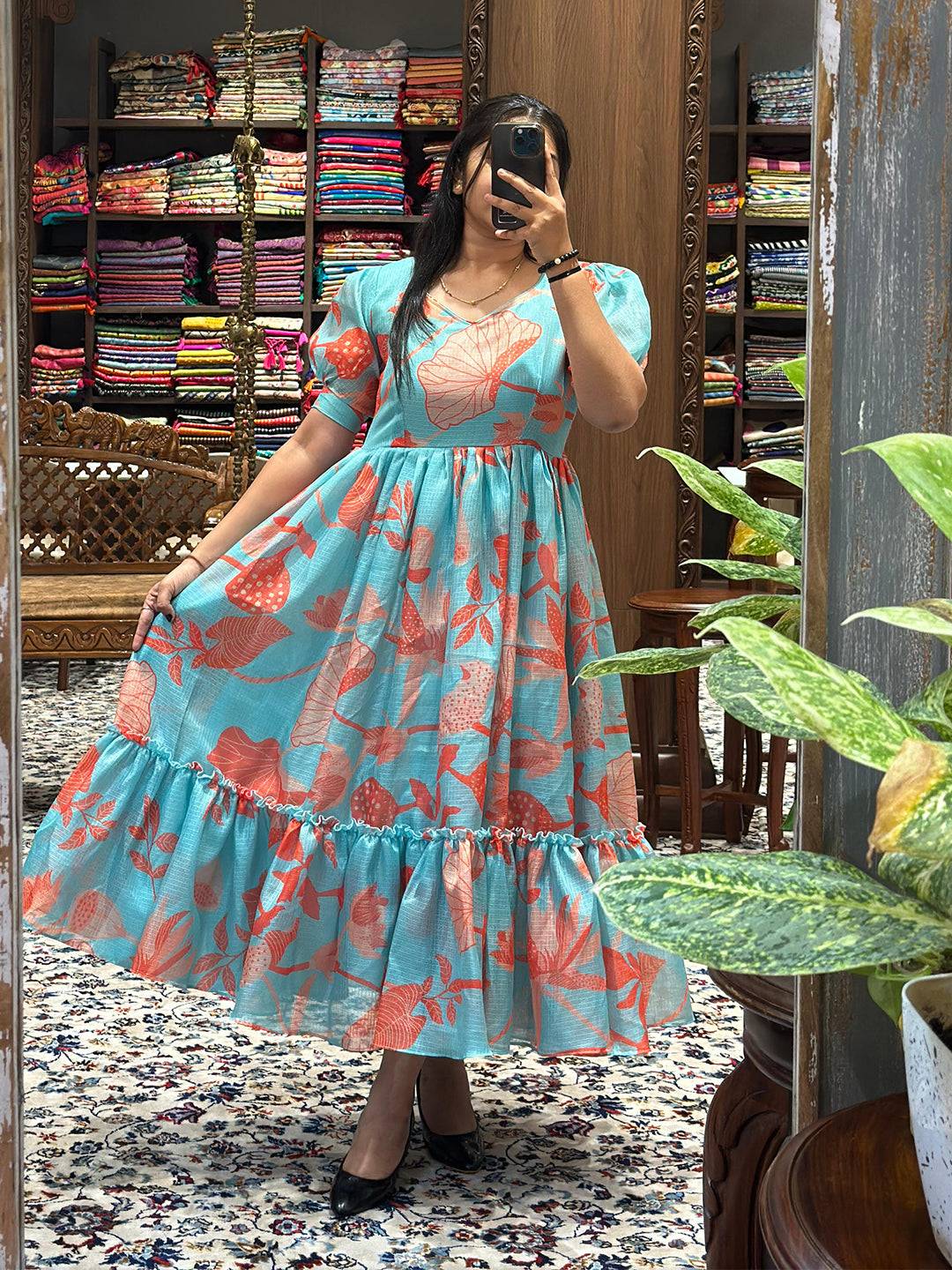 Sea Blue Floral Print Dress with ruffled hem