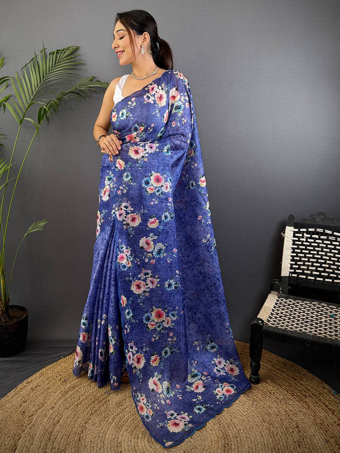 Royal Blue Kota Floral Digital Cut Work Saree