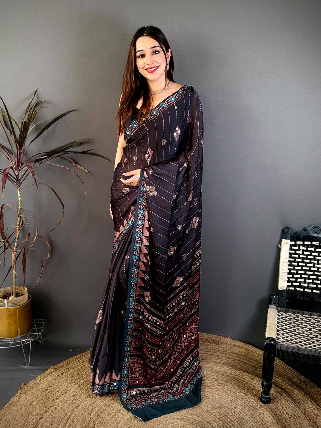 Black Ajrakh Digital Printed Saree