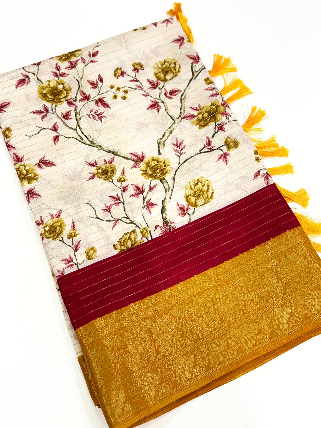 Yellow Soft Dola Silk Zari Katha Saree