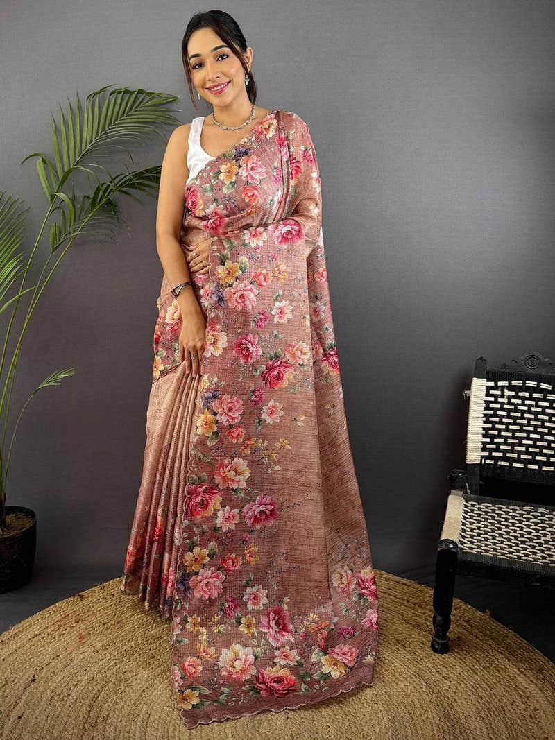 Light Brown Kota Doriya Floral Cut Work Saree