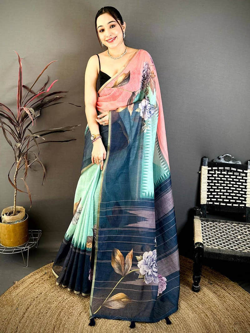 Elegant Floral Linen Chanderi Saree