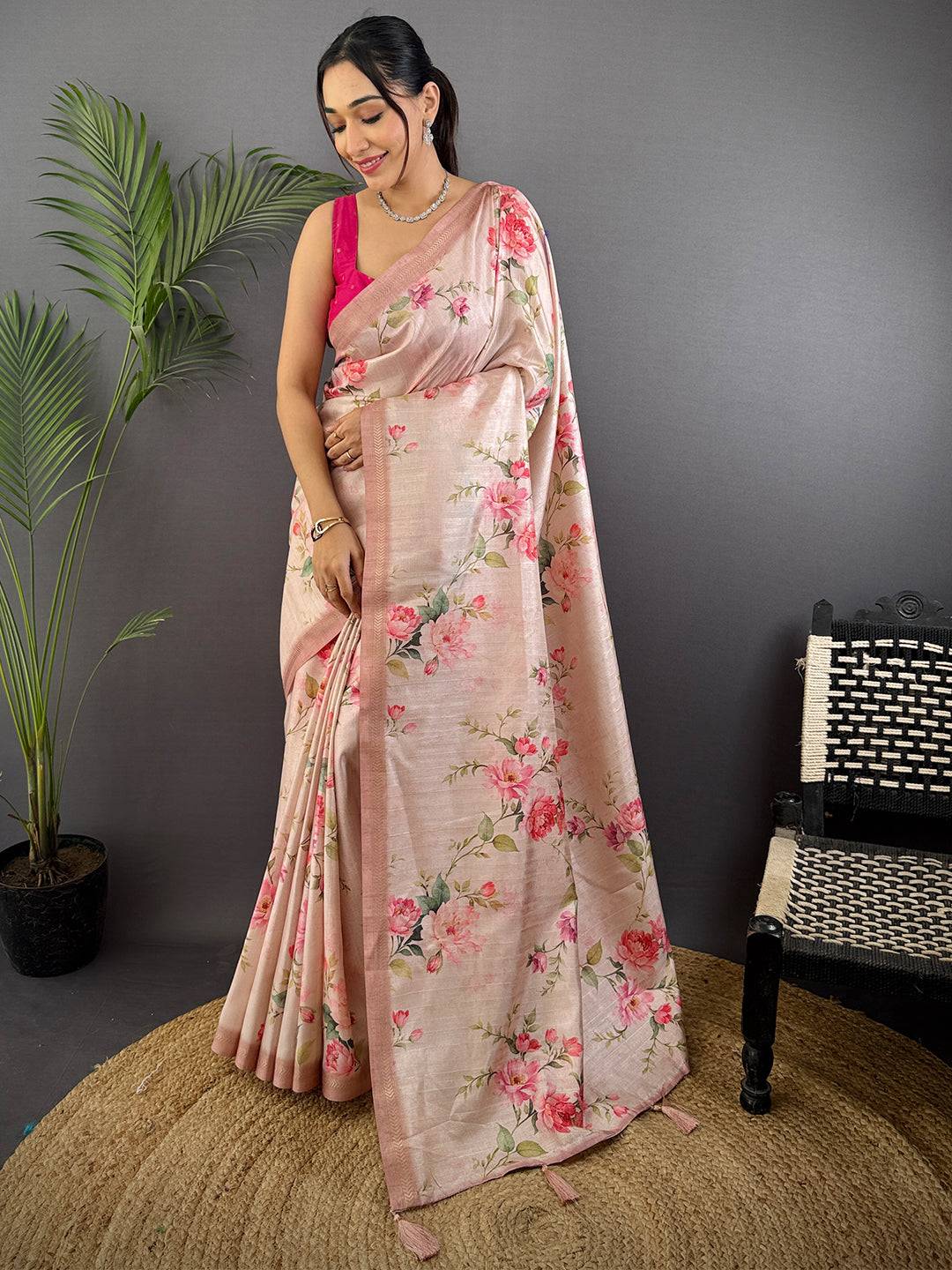 Light Pink Ghicha Leaf Print Saree