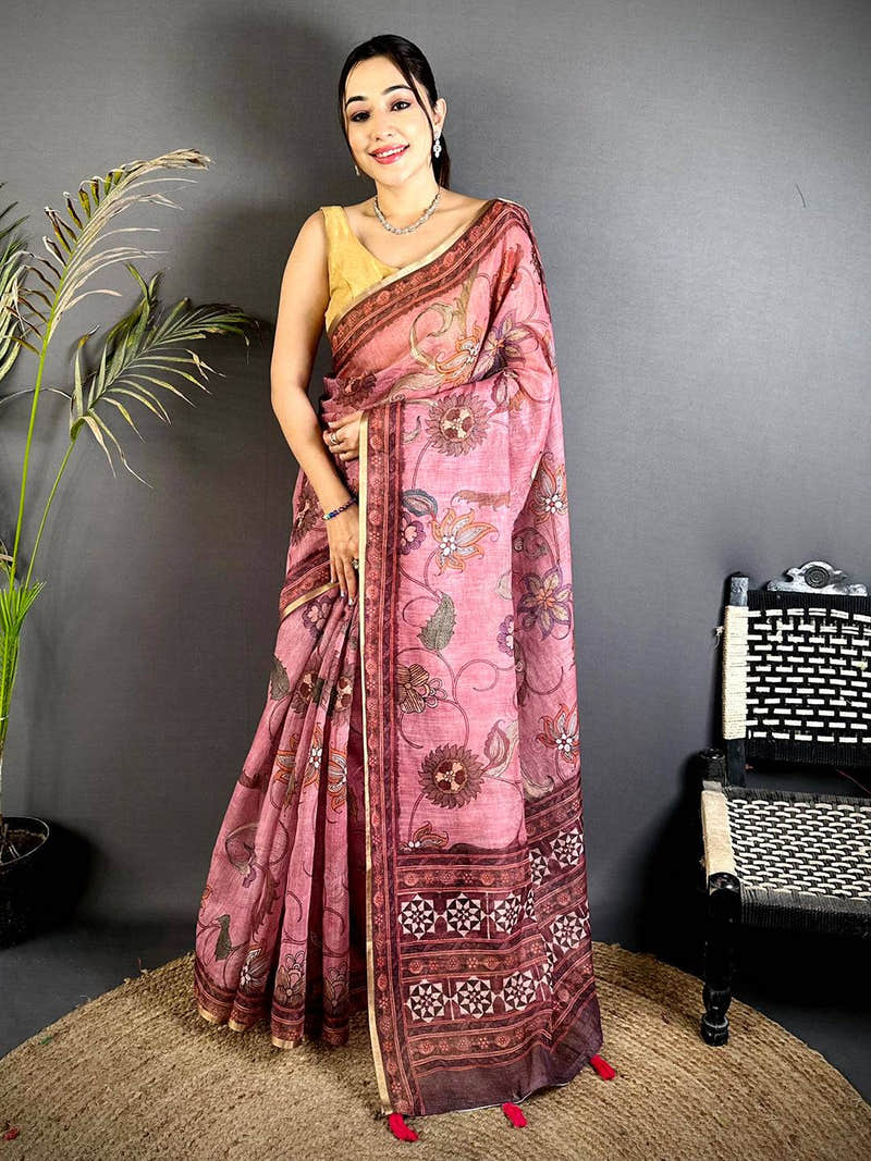 Classic Linen Tissue Ajrakh Zari Saree