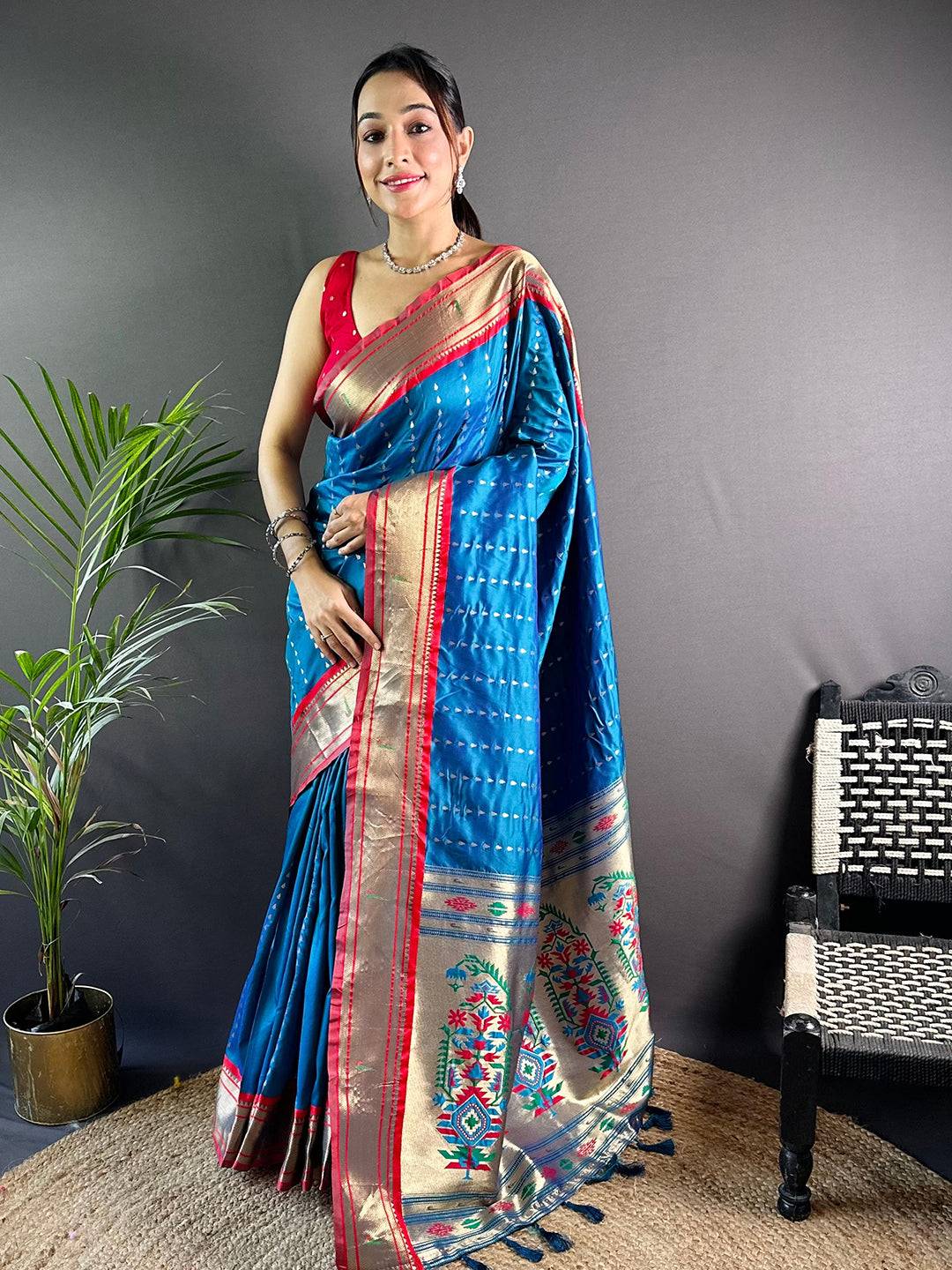 Elegant Royal Blue Paithani Saree with intricate Zari patterns