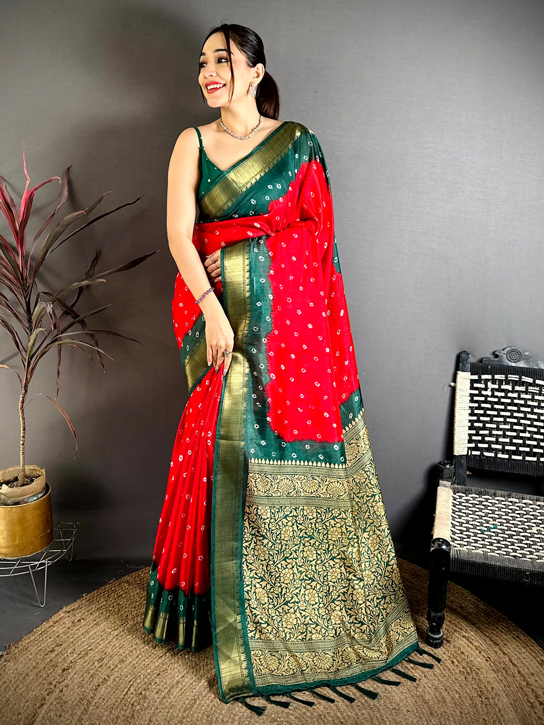 Red Bandhej Printed Dola Silk Saree