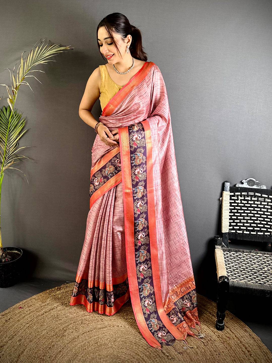 Blush Pink Tanjore Print Silk Saree