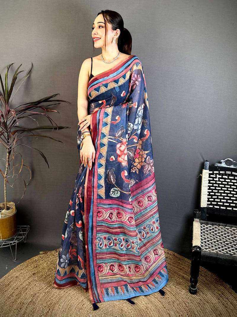 Navy Free Hand Floral Linen Saree