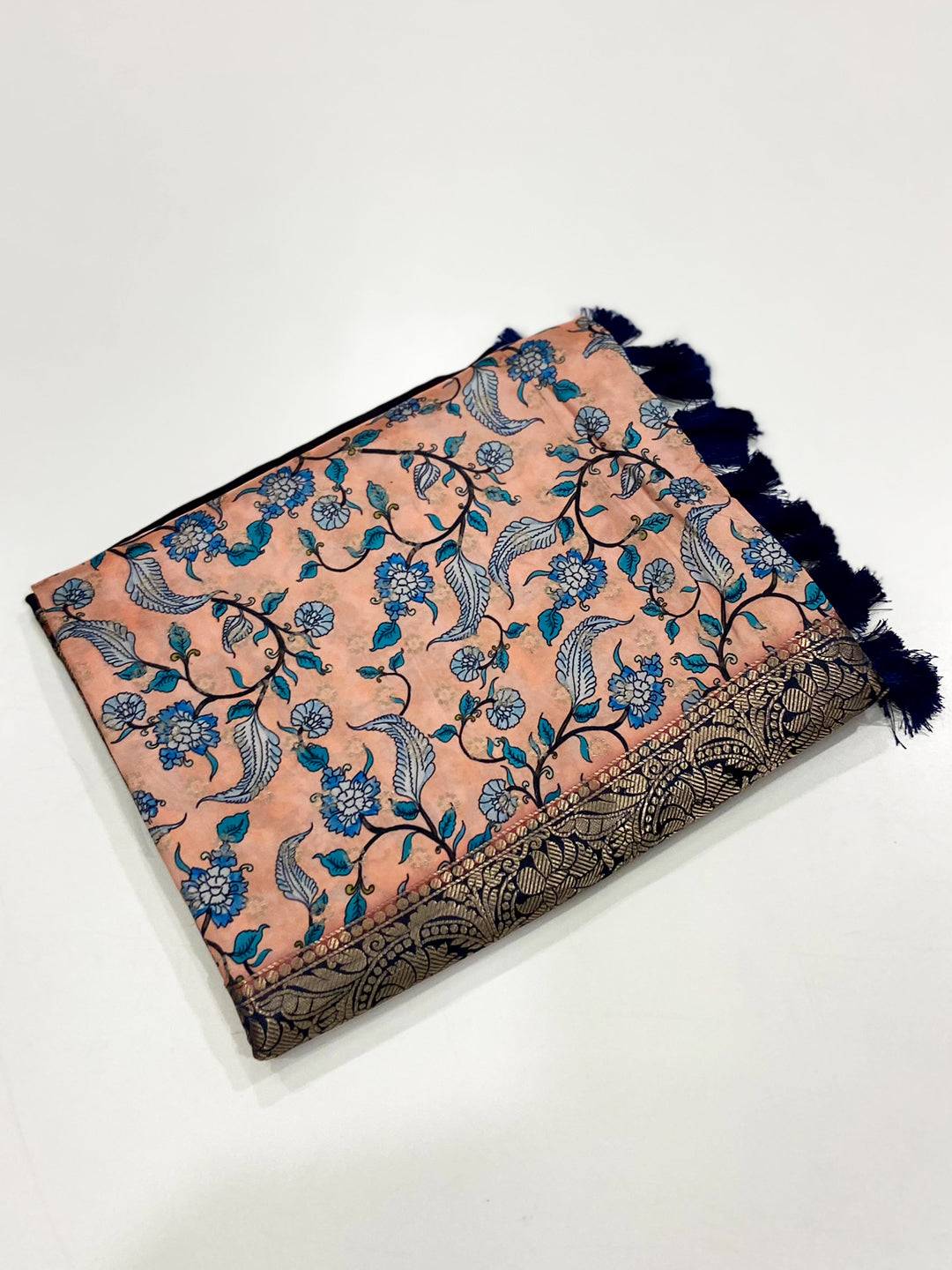 Off White Floral Printed Banarasi Silk Saree