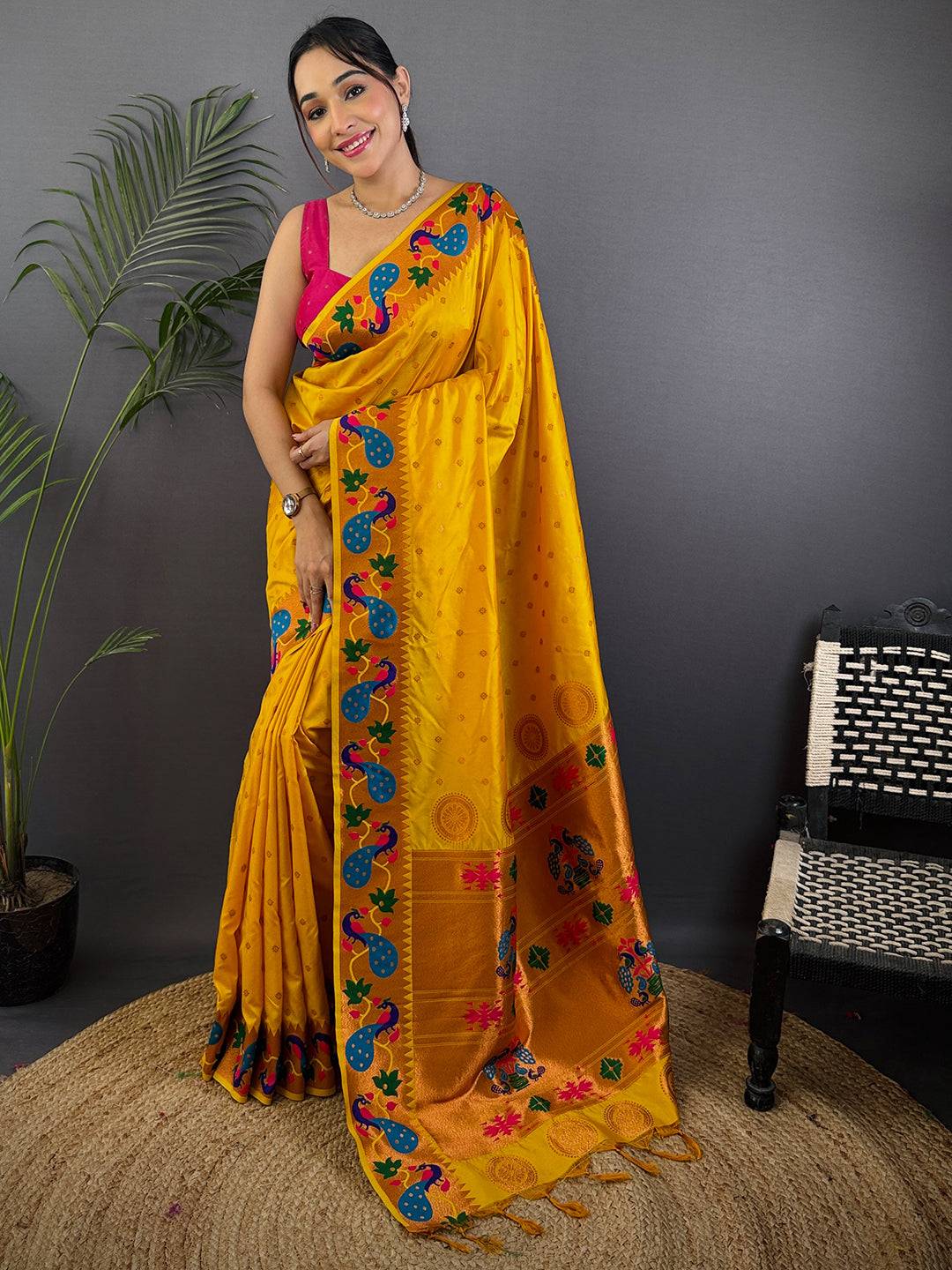 Mustard Yellow Yeola Paithani Soft Silk Saree